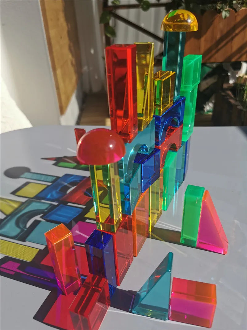 Rainbow Acrylic Geometric Blocks Set – Montessori Transparent Stacking Toy