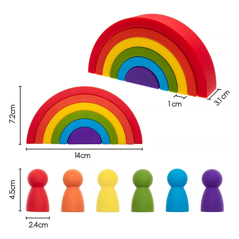 Colorful silicone rainbow toy with dimensions on a white background