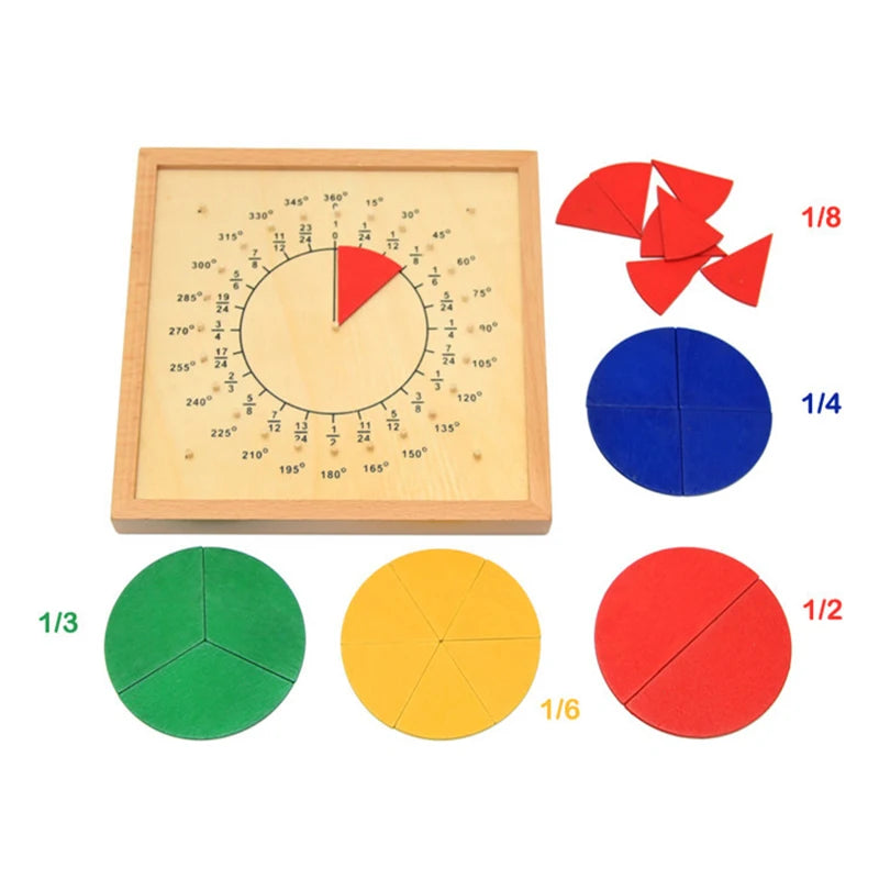 Montessori circular fraction board with colored fraction pieces