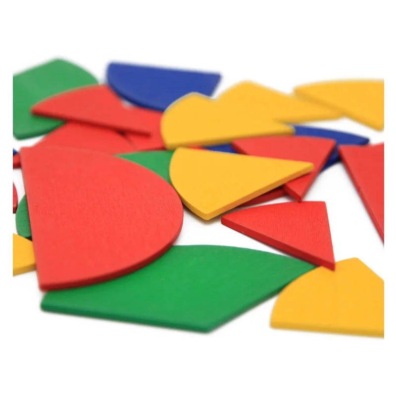 Close-up of red, blue, green and yellow fraction pieces