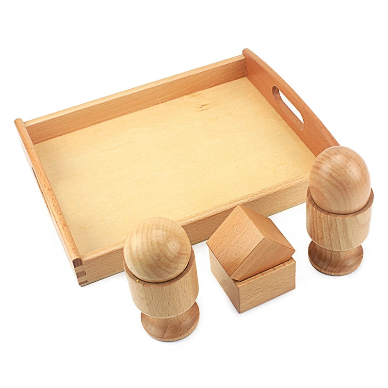 Wooden tray with egg cup, ball cup and cube box