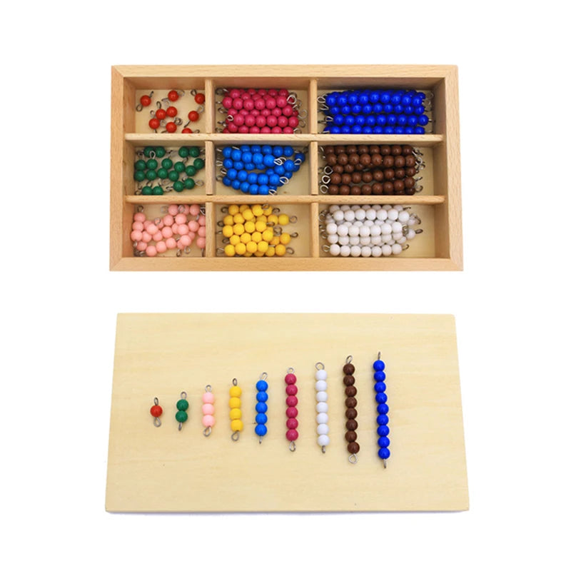 Colored bead bars in a wooden box with a bead stair on the tray