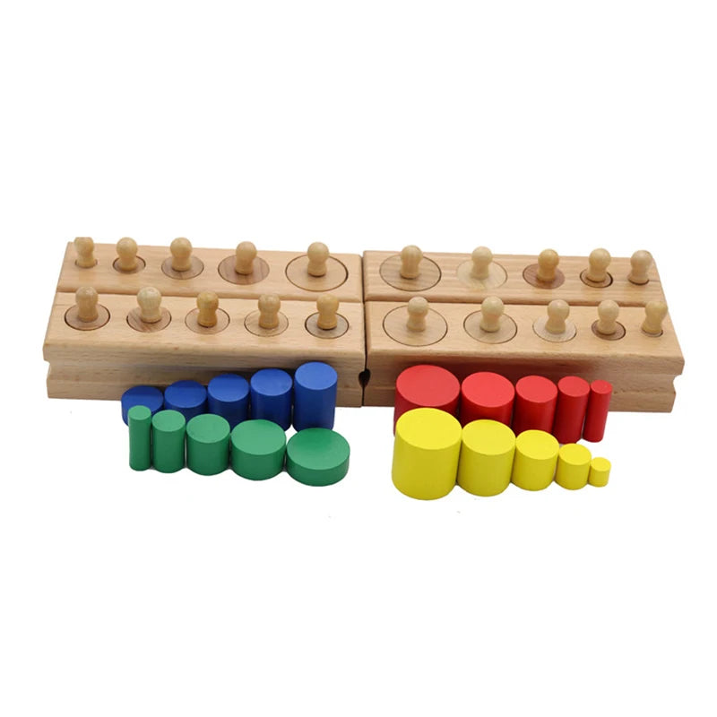 Two knobbed cylinder blocks with green and yellow knobless cylinders