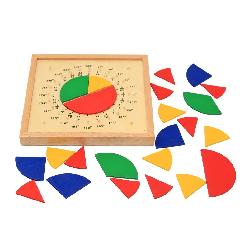Fraction board with pieces arranged and loose fraction pieces