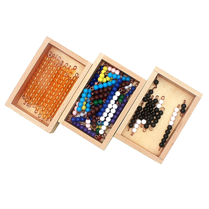 Golden, black and white, and colored bead bars in three boxes