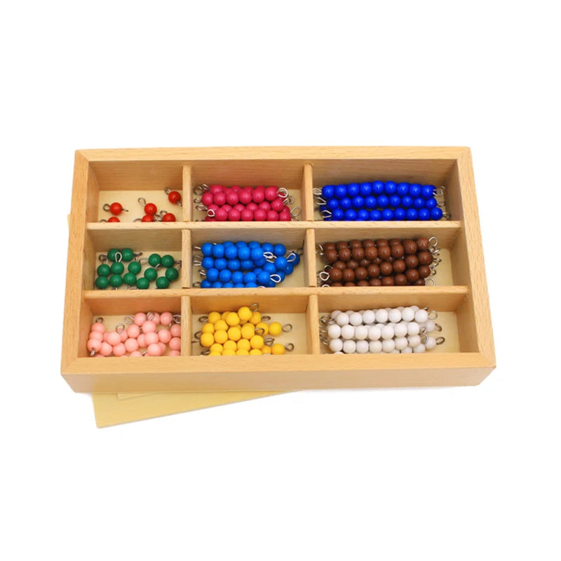 Wooden compartment box of colored bead bars