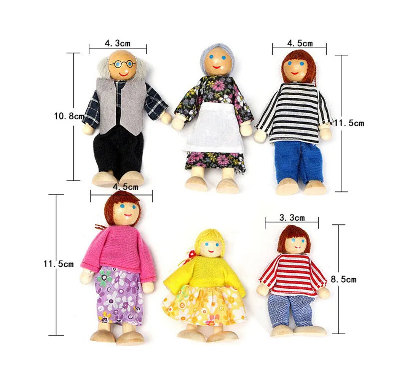 Set of six wooden dolls with measurements on a white background
