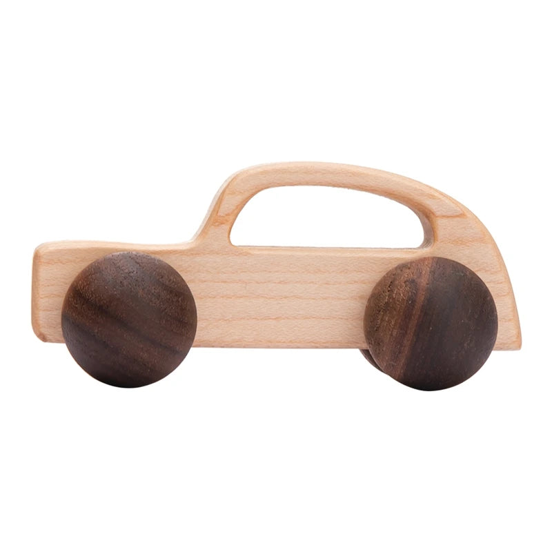 Wooden toy car with a handle on a white background