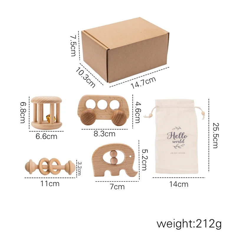 Montessori Baby Beech Wood Rattle Sets in a box with various wooden toys, including elephants and circles, enhancing motor skills and auditory senses for infants.