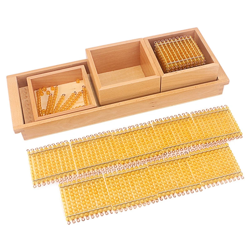 Wooden trays with golden bead hundred squares laid out