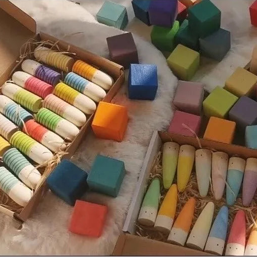 Rainbow Wooden Loose Parts | Shoots, Sticks & Cubes Set