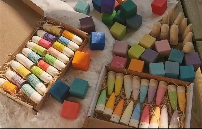 Rainbow Wooden Loose Parts | Shoots, Sticks & Cubes Set