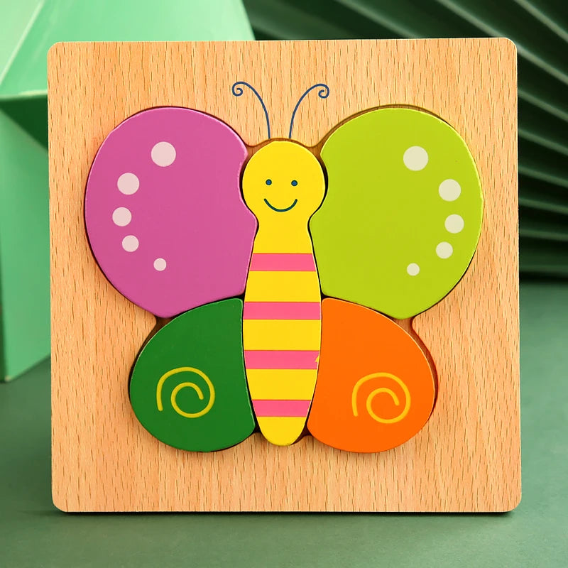 Wooden puzzle with colorful butterfly design on a wooden base
