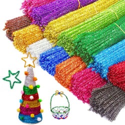 30/50/100pcs Glitter Chenille Pipe Cleaners intertwined, showcasing their plush texture and flexibility, perfect for educational crafts at Oliver & Company Montessori Toys.