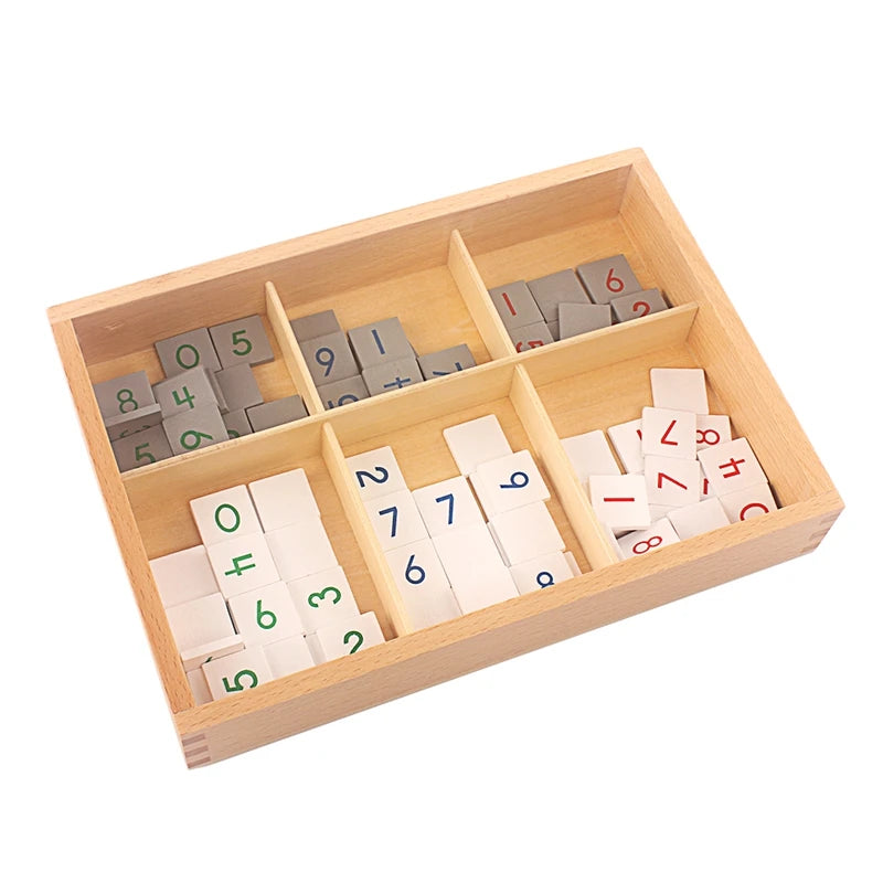 Wooden compartment box full of number tiles