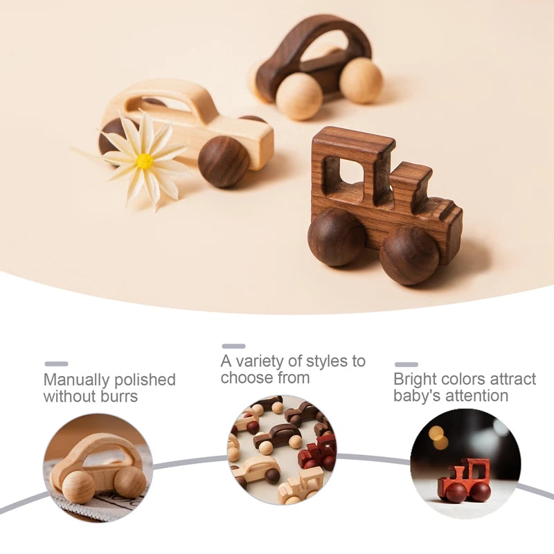 Wooden toys on a beige surface with text about their features.