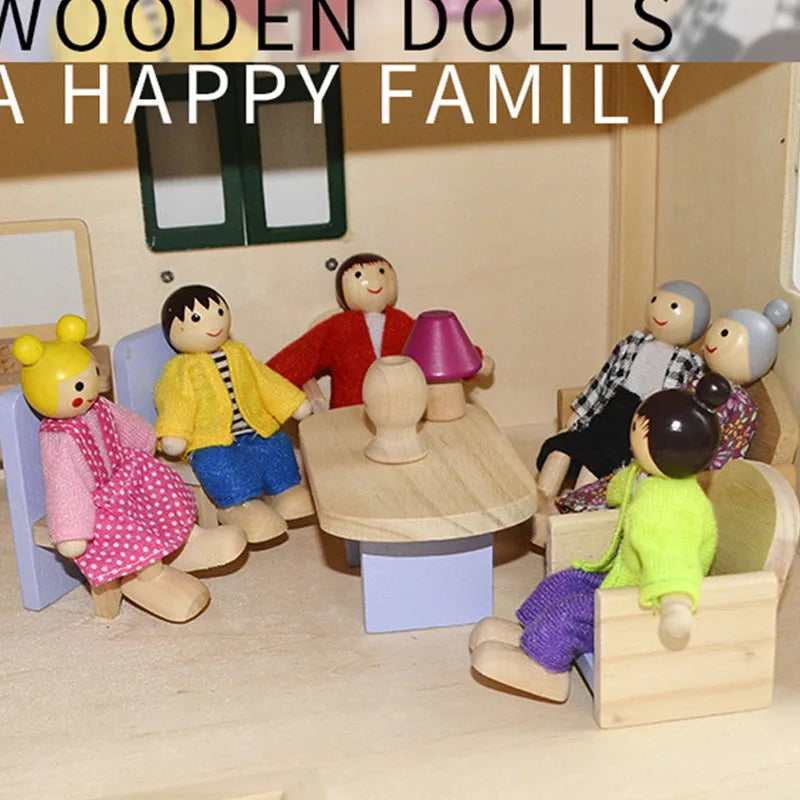 Wooden dolls sitting around a table with text 'WOODEN DOLLS A HAPPY FAMILY' above.