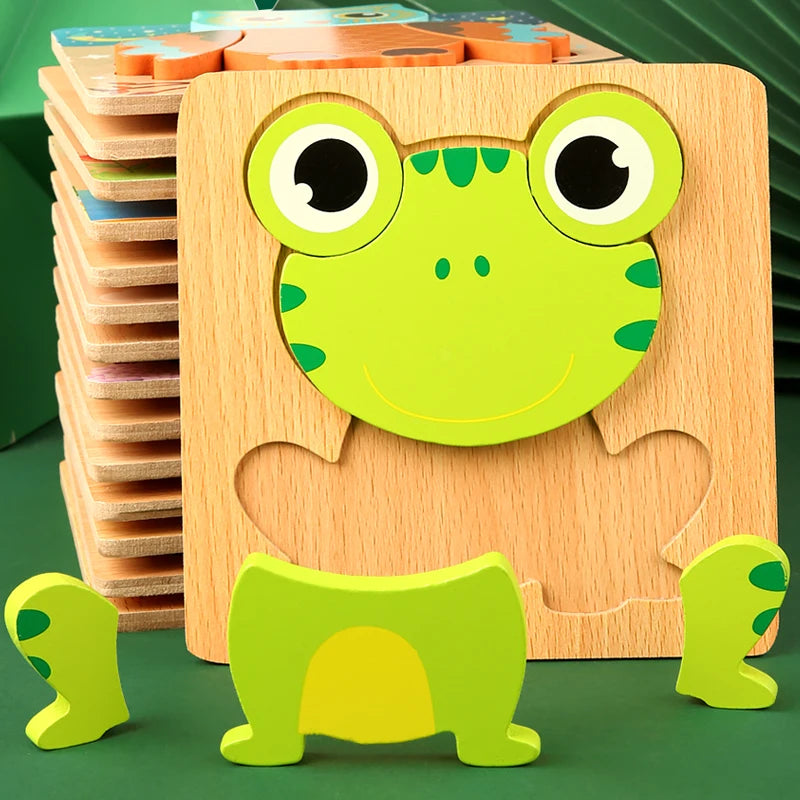 Wooden frog puzzle toy with additional pieces on a green background