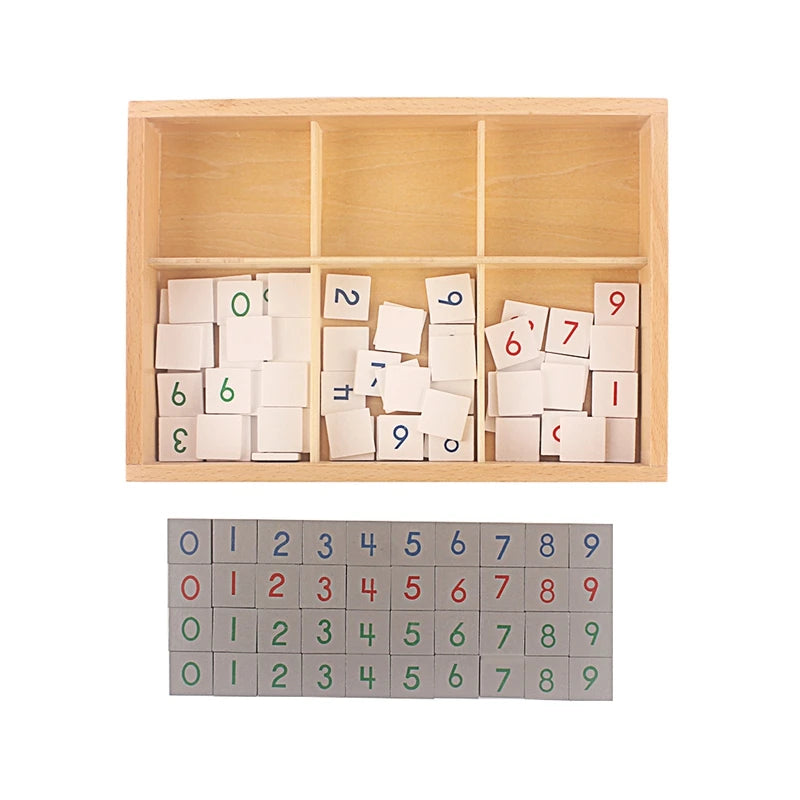 Wooden box of number tiles with tiles 0 to 9 in rows