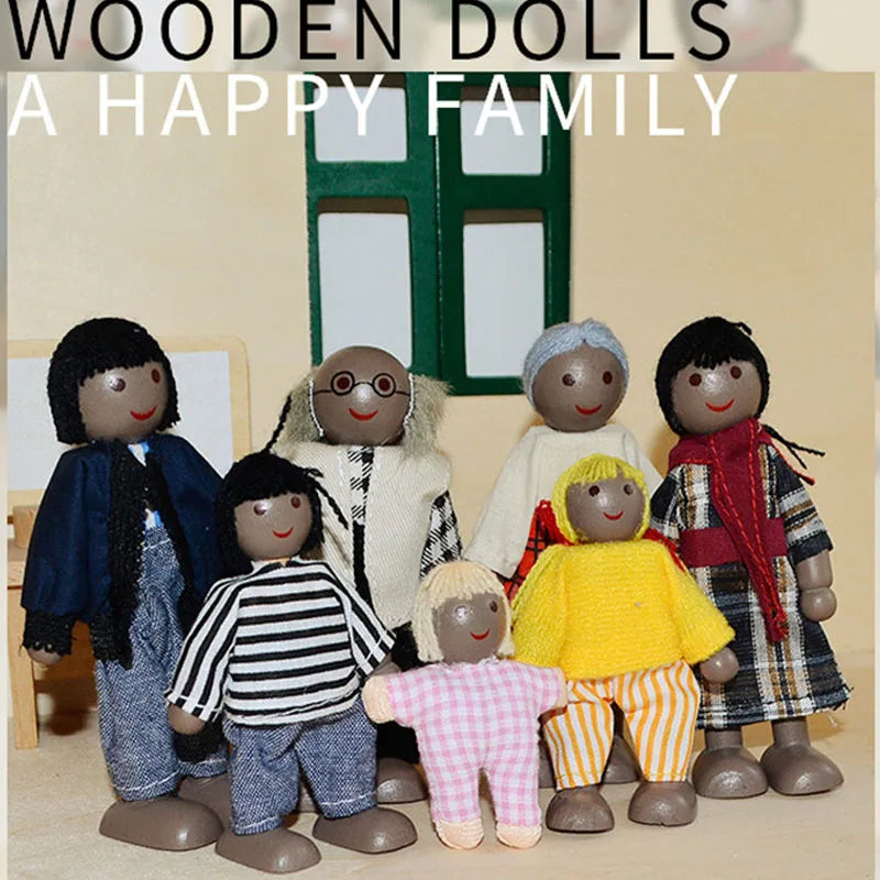 Wooden dolls dressed in colorful clothing with text 'WOODEN DOLLS A HAPPY FAMILY' on a neutral background.
