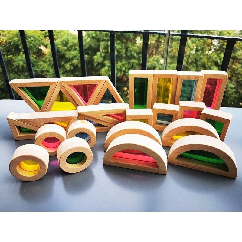 Montessori Wooden Rainbow & Mirror Blocks