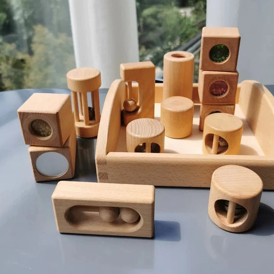 Montessori Wooden Sensory Rattles Set: Unpainted Wood Toy