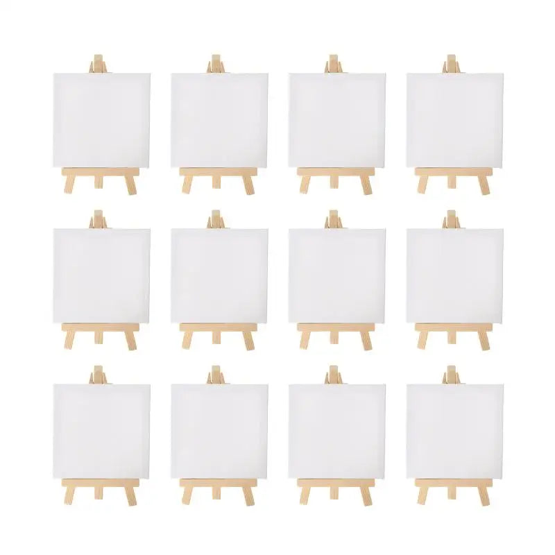 12pcs Mini Easels - Little Artists 5-inch Small Table Easel set, featuring wooden easels with pre-primed canvases, perfect for creative expression and educational play.