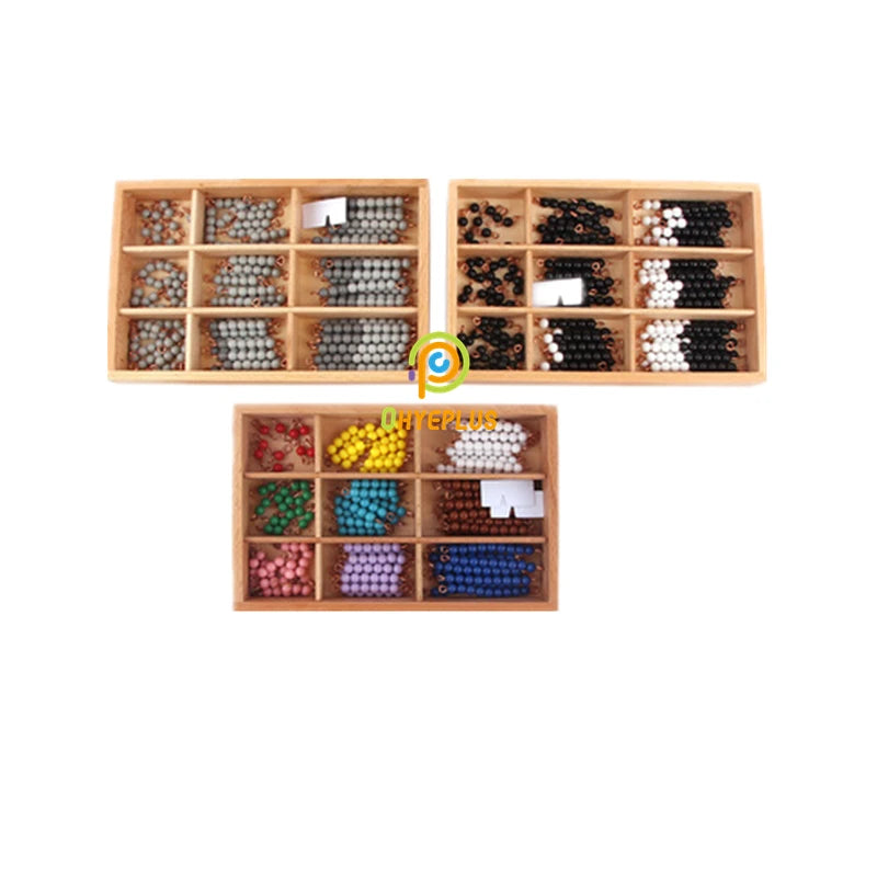 Three Montessori bead bar sets in wooden compartment boxes