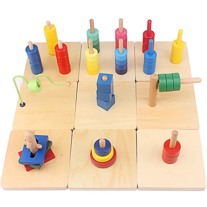Montessori discs and dowels activities on wooden bases
