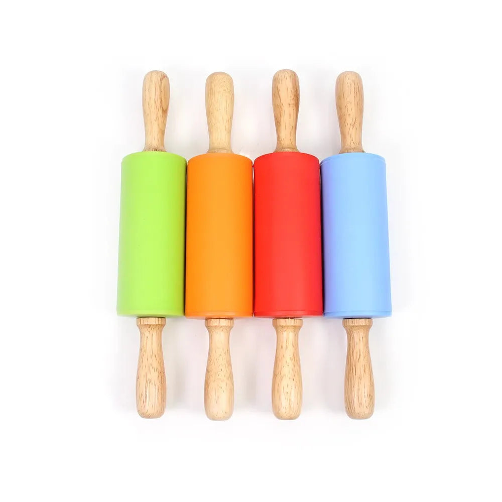 Silicone Rolling Pin with Wooden Handles, kid-sized for crafts or baking, designed for small hands, featuring durable silicone and sturdy wooden handles for easy use.