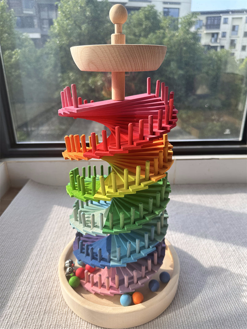 Wooden Rainbow Spiral Marble Run Tower | Montessori STEM Toy