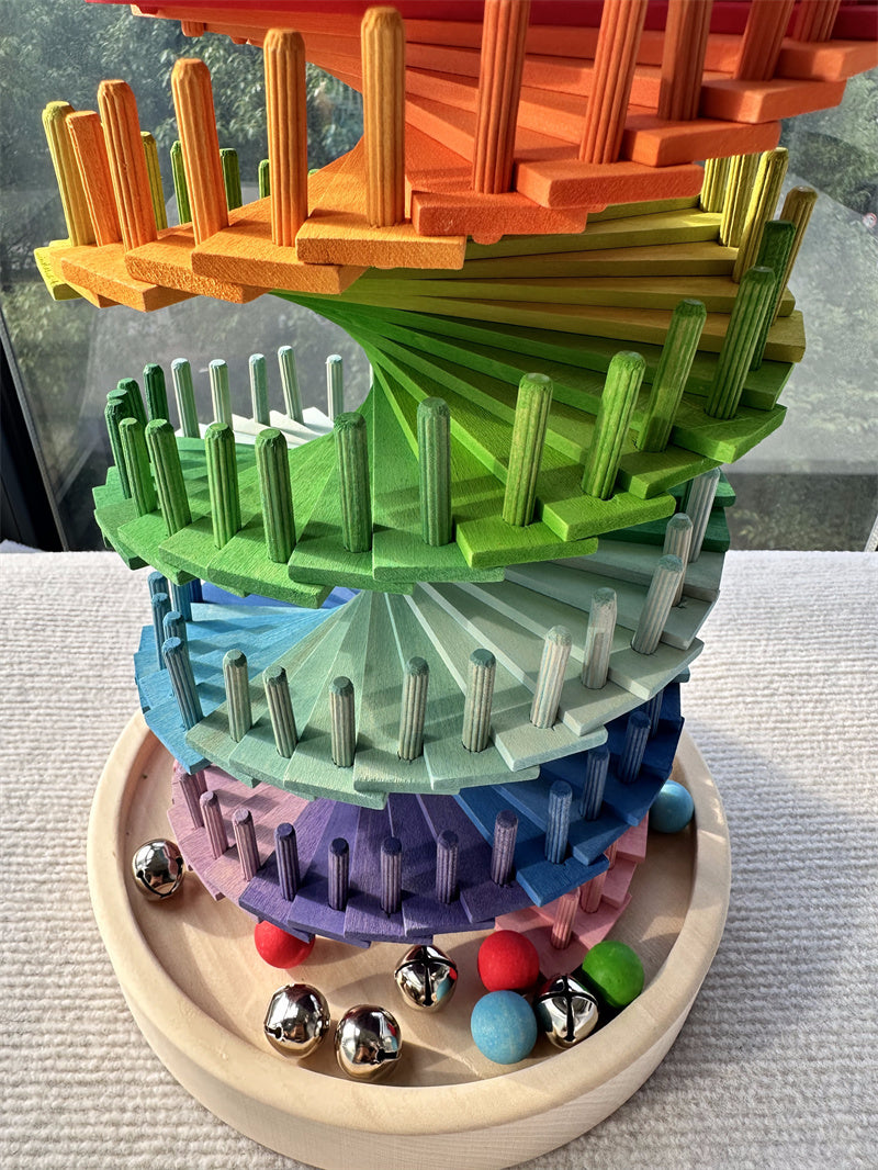 Wooden Rainbow Spiral Marble Run Tower | Montessori STEM Toy