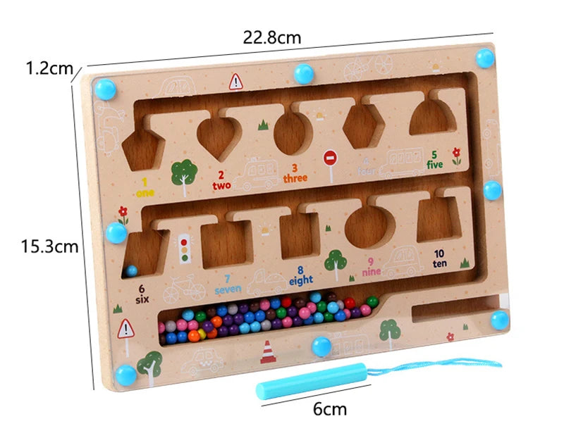Wooden educational toy with colorful beads and number labels, showing measurements on a white background.