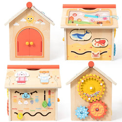 Montessori Fun House & Cash Register Set: Educational wooden toys for toddlers. Features shape sorting, magnetic worm catching, and more for hands-on learning fun.