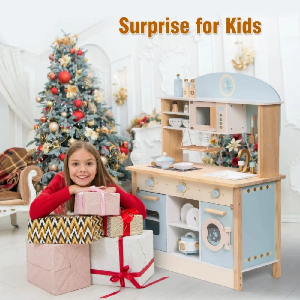 Child with presents next to a toy kitchen set in a decorated room