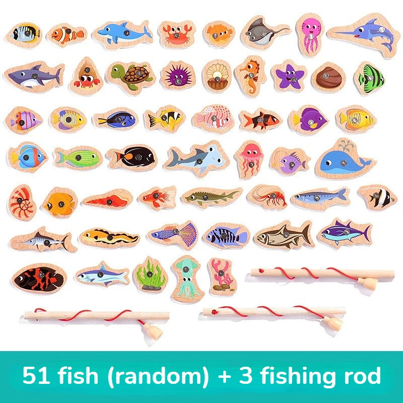 Set of wooden fish toys with fishing rods on a white background