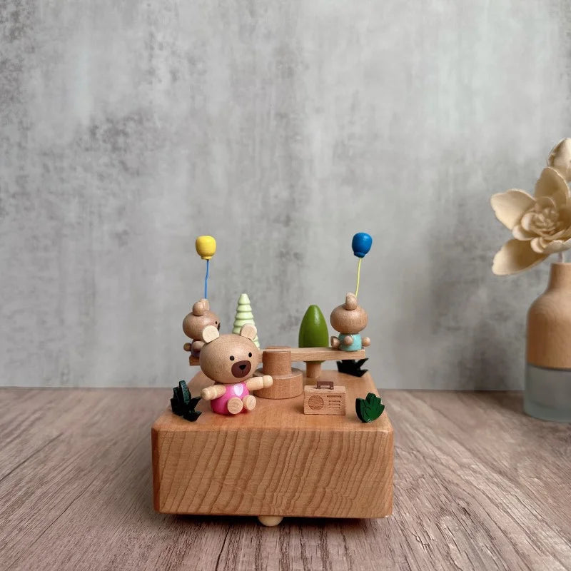 Wooden Bear Seesaw Music Box – Wind-Up Clockwork Beech Wood | Oliver & Company Montessori Toys