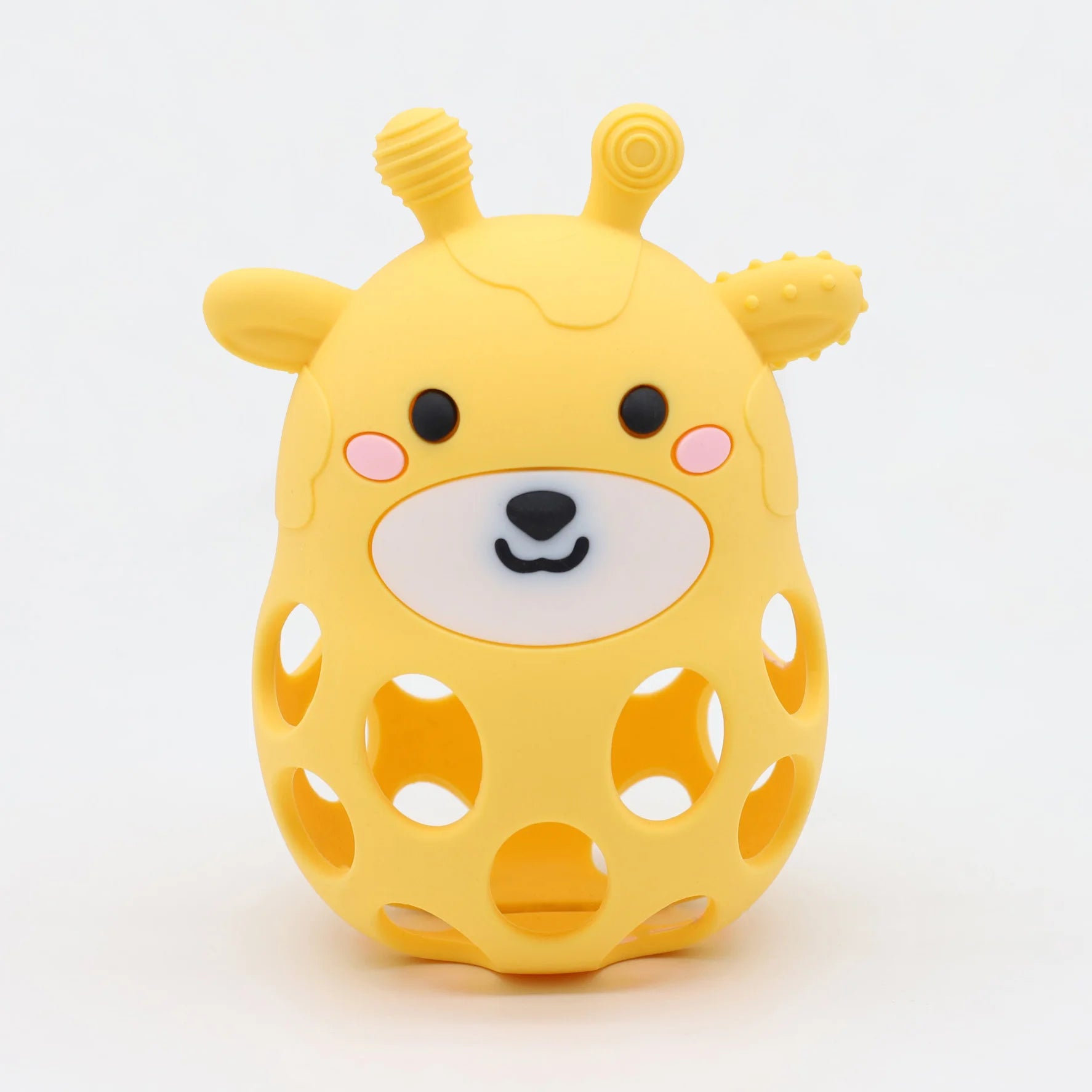 Yellow giraffe-shaped toy on a white background