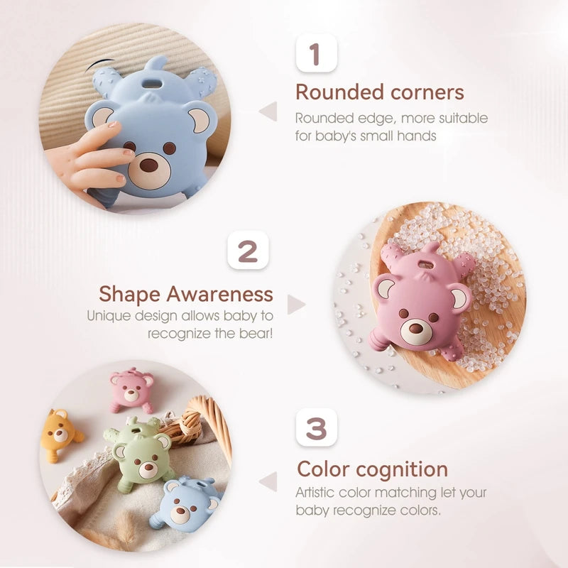 Bear-shaped silicone product with rounded corners, shape awareness, and color cognition features on a light background.