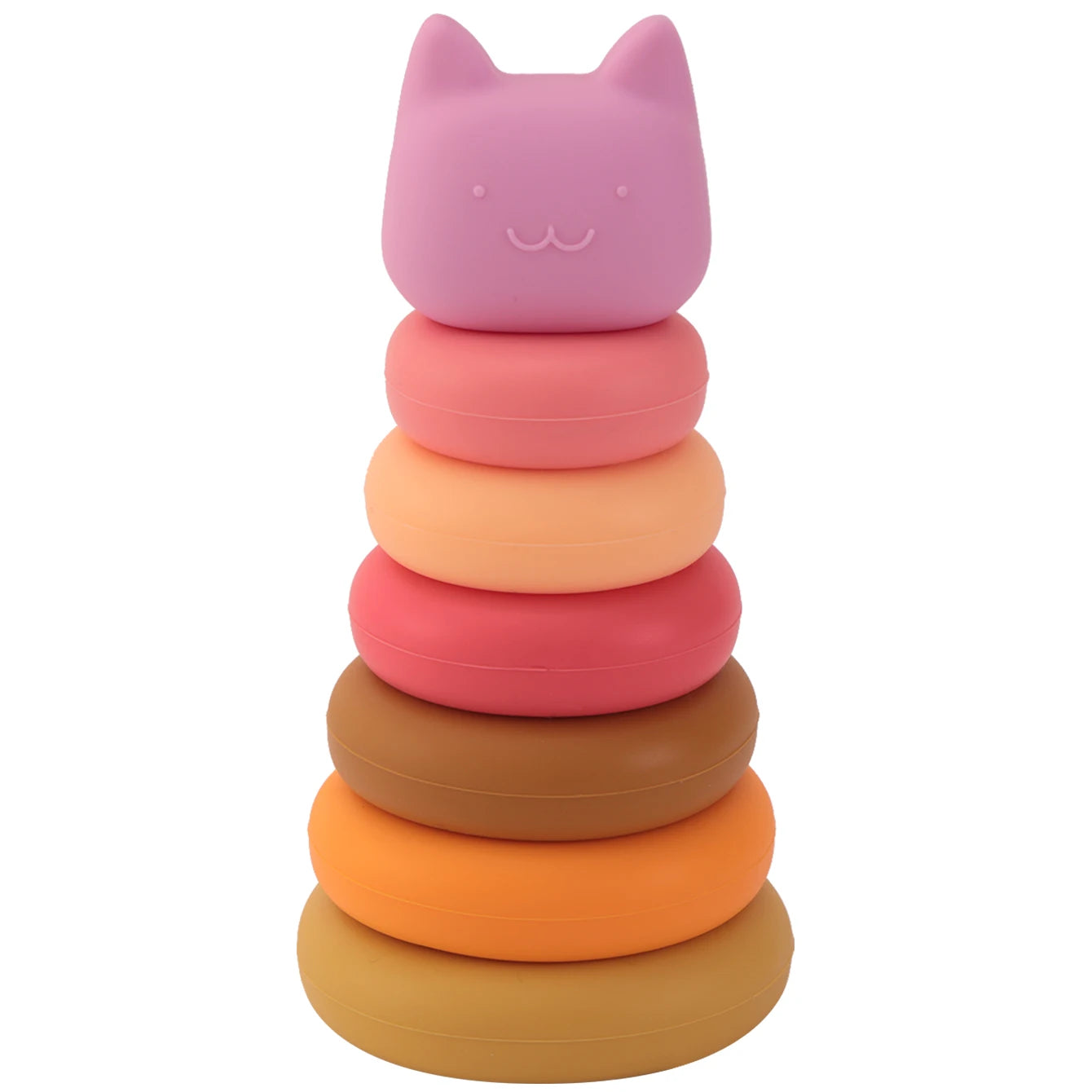 Stack of colorful silicone rings with a pink cat-shaped top on a white background