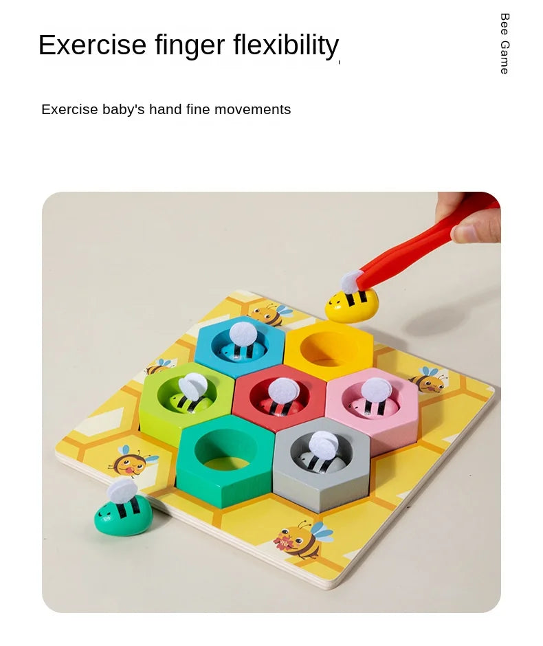 Colorful wooden puzzle with bee design on a beige background, promoting finger flexibility and hand fine movements.