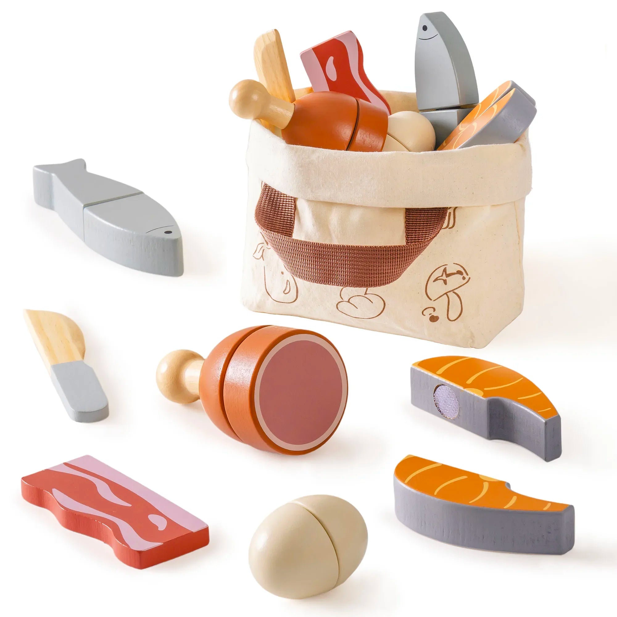 Wooden toy food set with a canvas bag on a white background