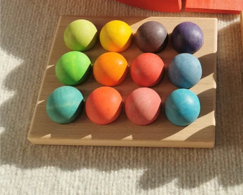 Colorful wooden shape sorting toy on a textured surface