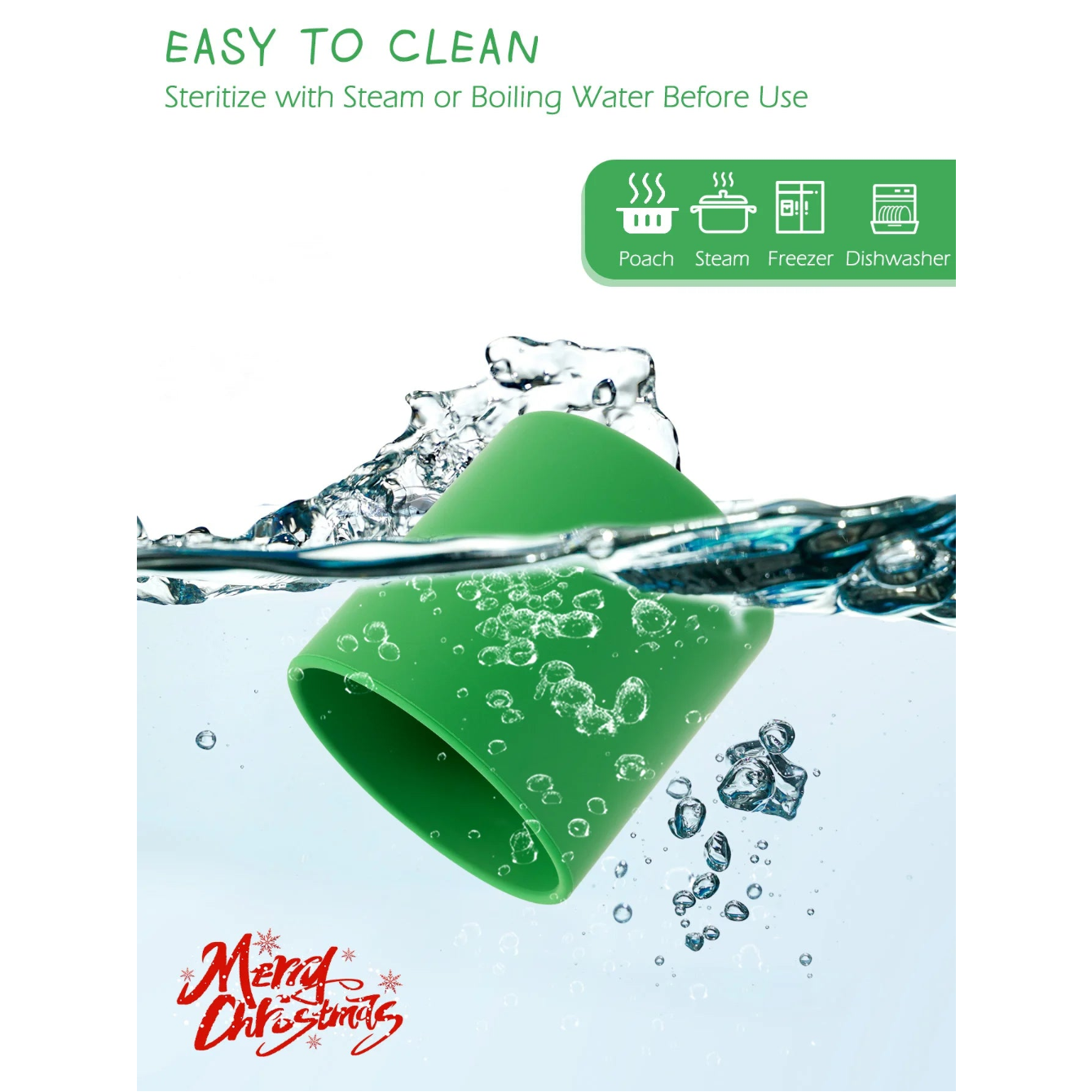 Green silicone training cup being rinsed in water, easy to clean