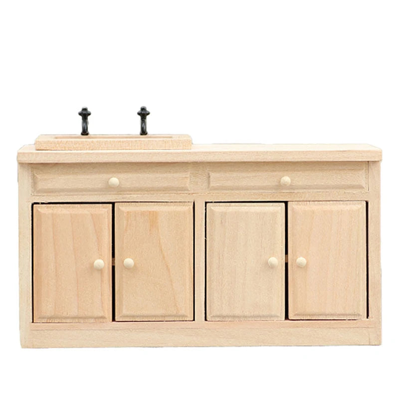 Wooden bathroom vanity with sink on a white background