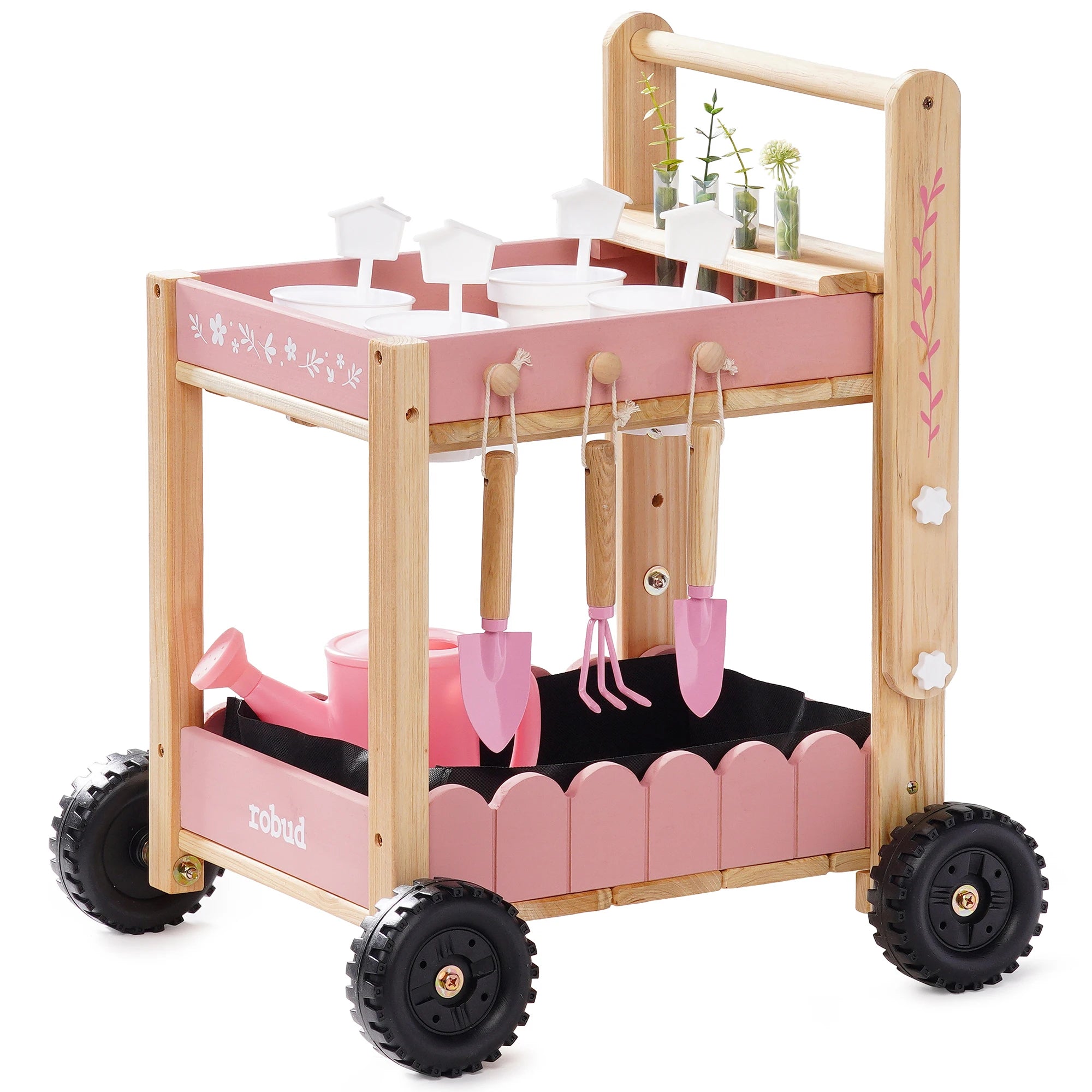 Wooden Kids Garden Cart with Tools and Planters
