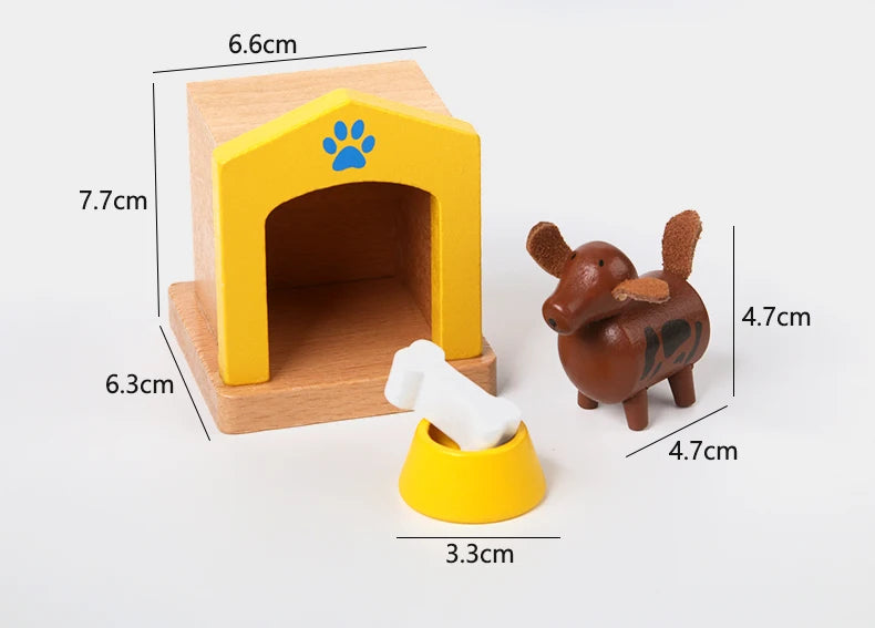 Small wooden doghouse with measurements, a dog figurine, and a bone toy on a white background.