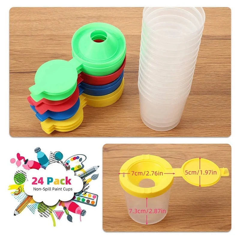 Set of colorful non-spill paint cups with a measuring chart on a wooden surface