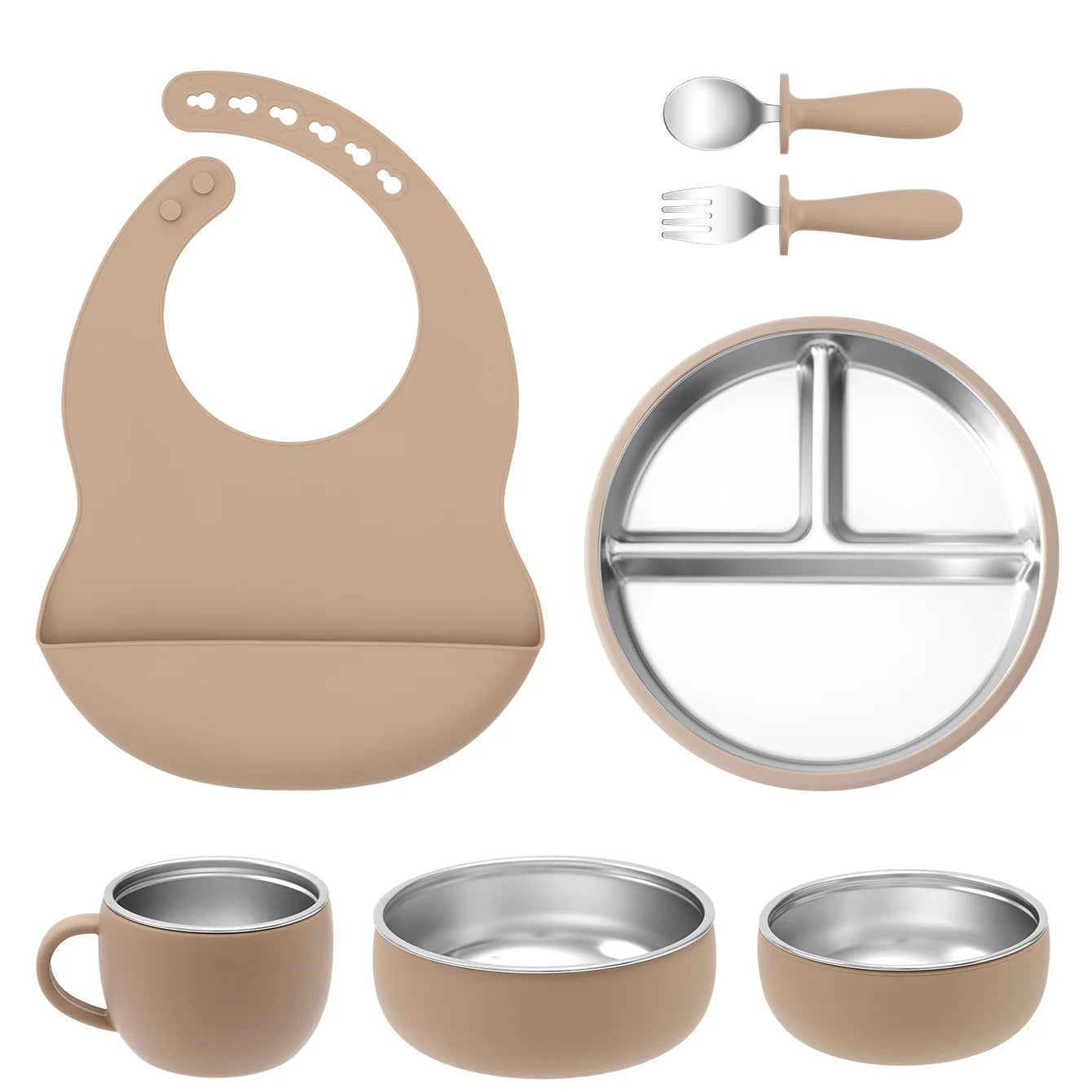 Beige baby feeding set with bib, plates, cups, and utensils on a white background