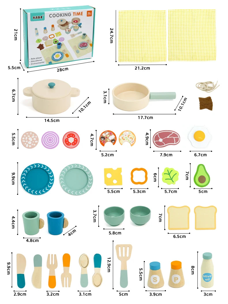 Measurement chart of various toy kitchen items including pots, pans, utensils, and food pieces with their dimensions.